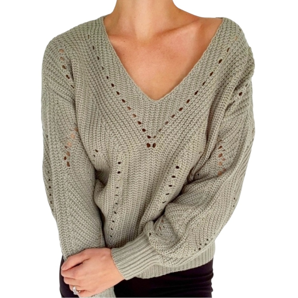 moon & madison Olive Green V-Neck Pointelle Knit Sweater